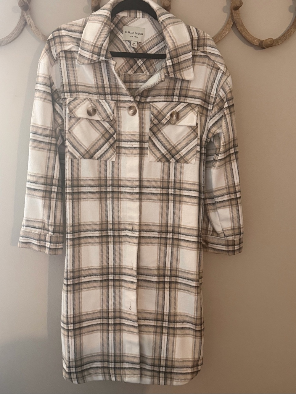 Sabrina Leigh Cream & Tan Plaid Trench Coat